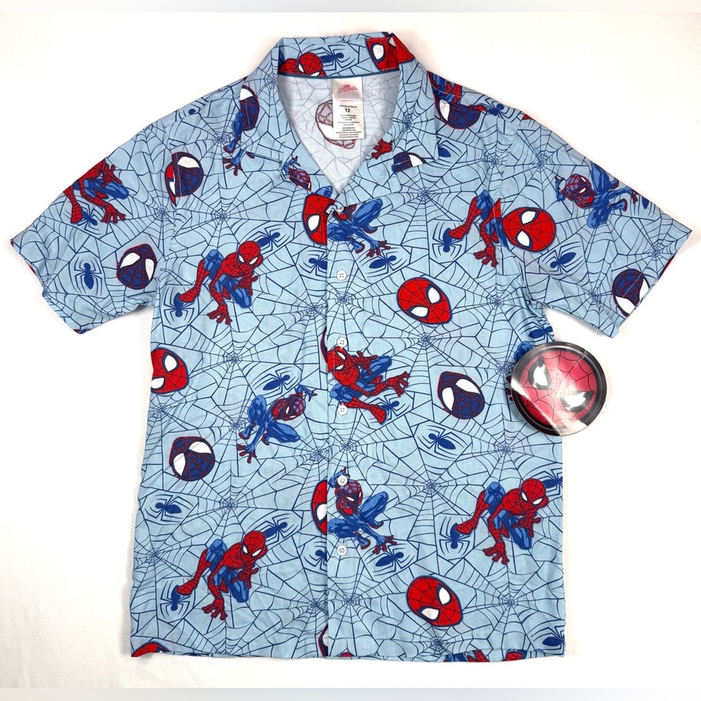 NWT MARVEL Boys Spiderman Button Front Camp Shirt L 12 Web Superhero Novelty NEW